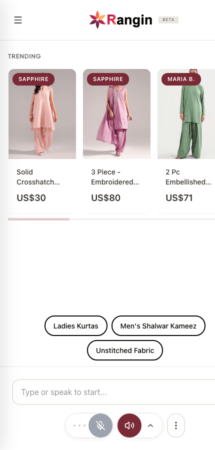 The Rangin app showing trending outfits from Sapphire and Maria B